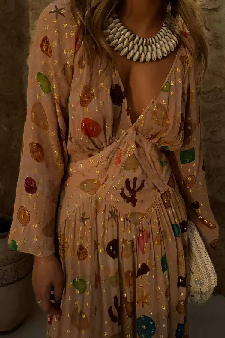Alessandra - Vestito con stampa marina e dettagli dorati