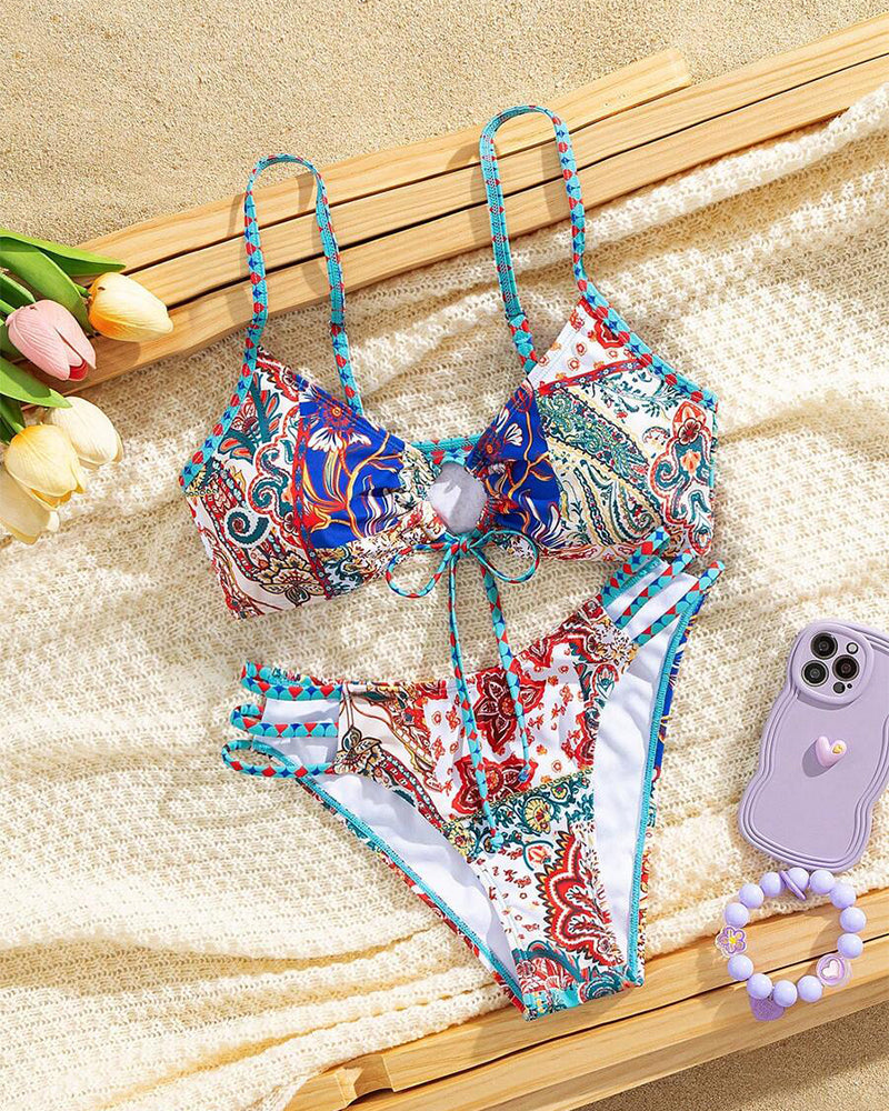 Bikini Mönstrad Snörning Sexy Triangle