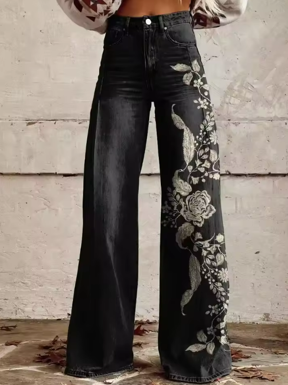 MARTINE | Pantaloni neri floreali vintage chic