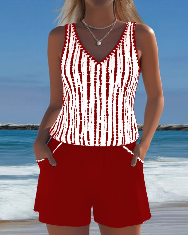 Costume da bagno con stampa, tasche e scollatura a V in due pezzi