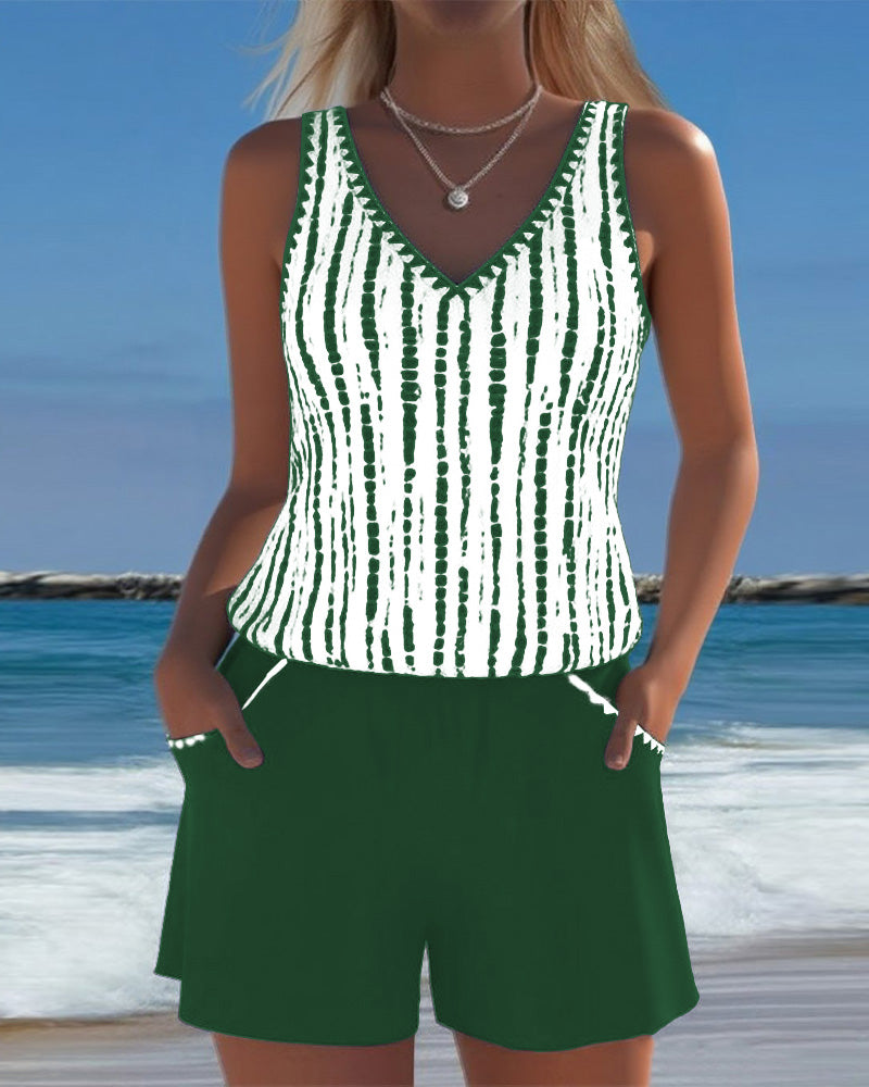 Costume da bagno con stampa, tasche e scollatura a V in due pezzi