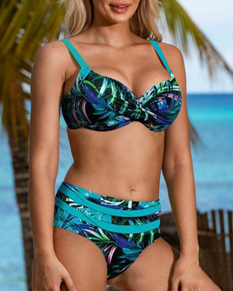 Bikini a vita alta con stampa foglie
