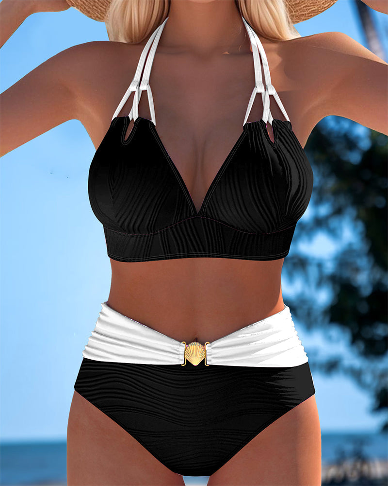 Costume da bagno a doppia spallina Alta vita Colore contrastante