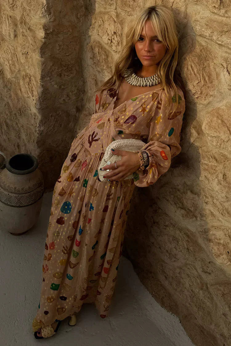 Alessandra - Vestito con stampa marina e dettagli dorati