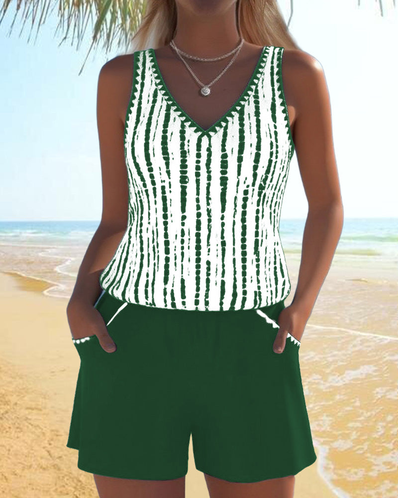 Costume da bagno con stampa, tasche e scollatura a V in due pezzi