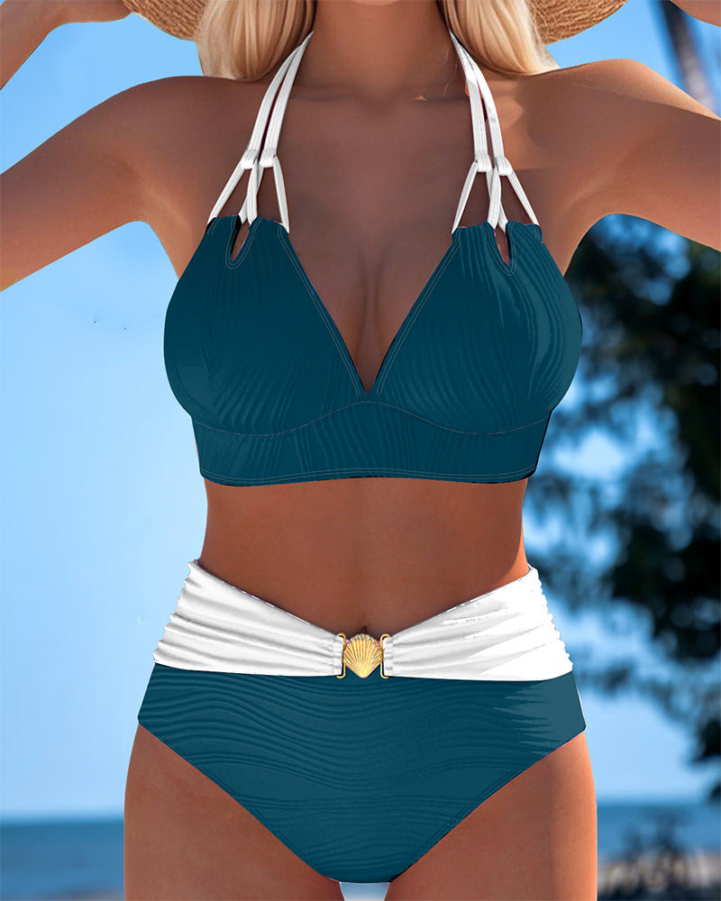 Costume da bagno a doppia spallina Alta vita Colore contrastante