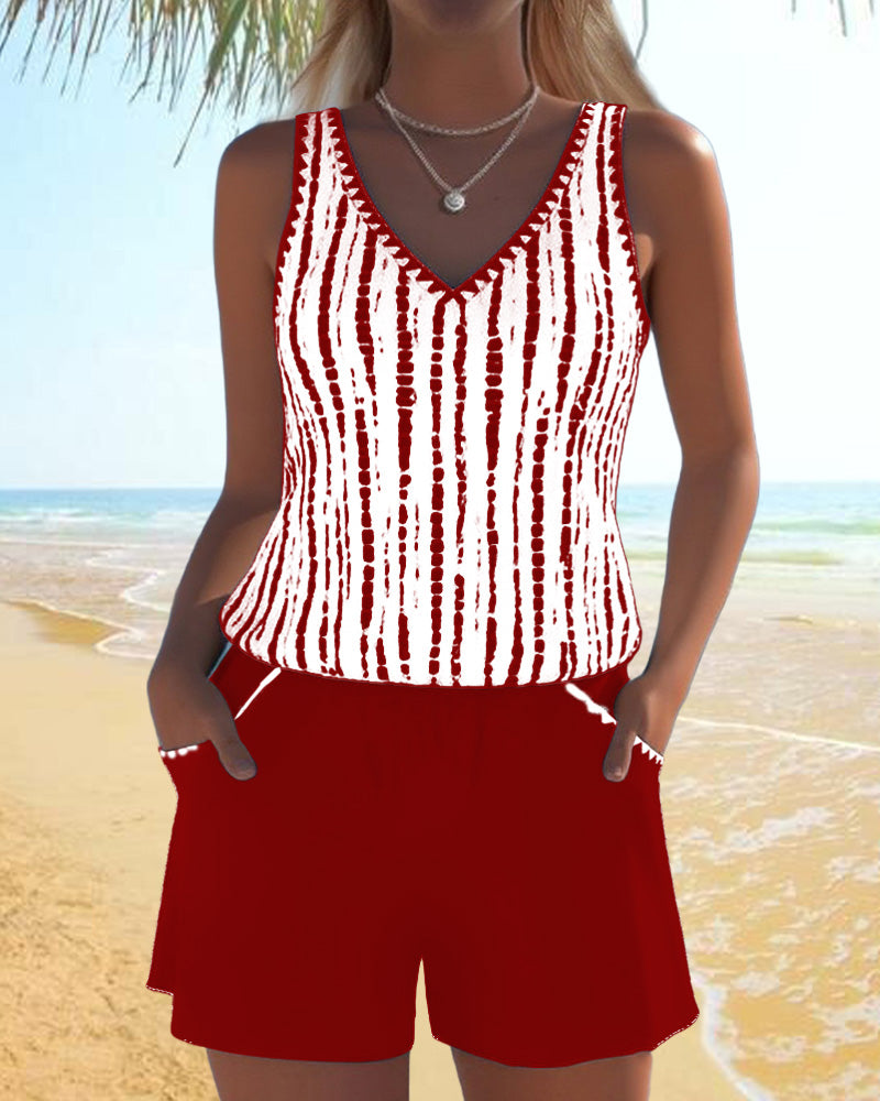 Costume da bagno con stampa, tasche e scollatura a V in due pezzi
