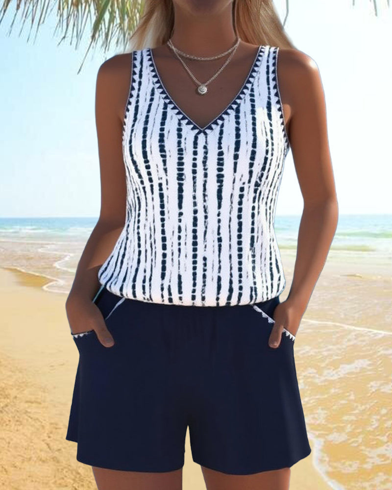 Costume da bagno con stampa, tasche e scollatura a V in due pezzi
