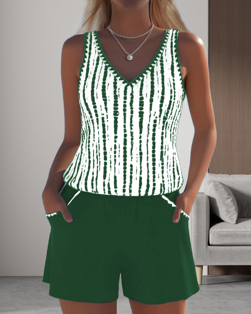 Costume da bagno con stampa, tasche e scollatura a V in due pezzi