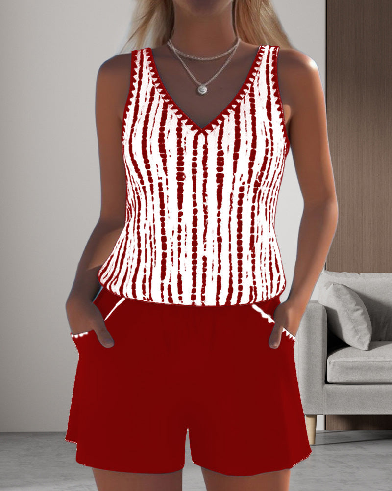 Costume da bagno con stampa, tasche e scollatura a V in due pezzi