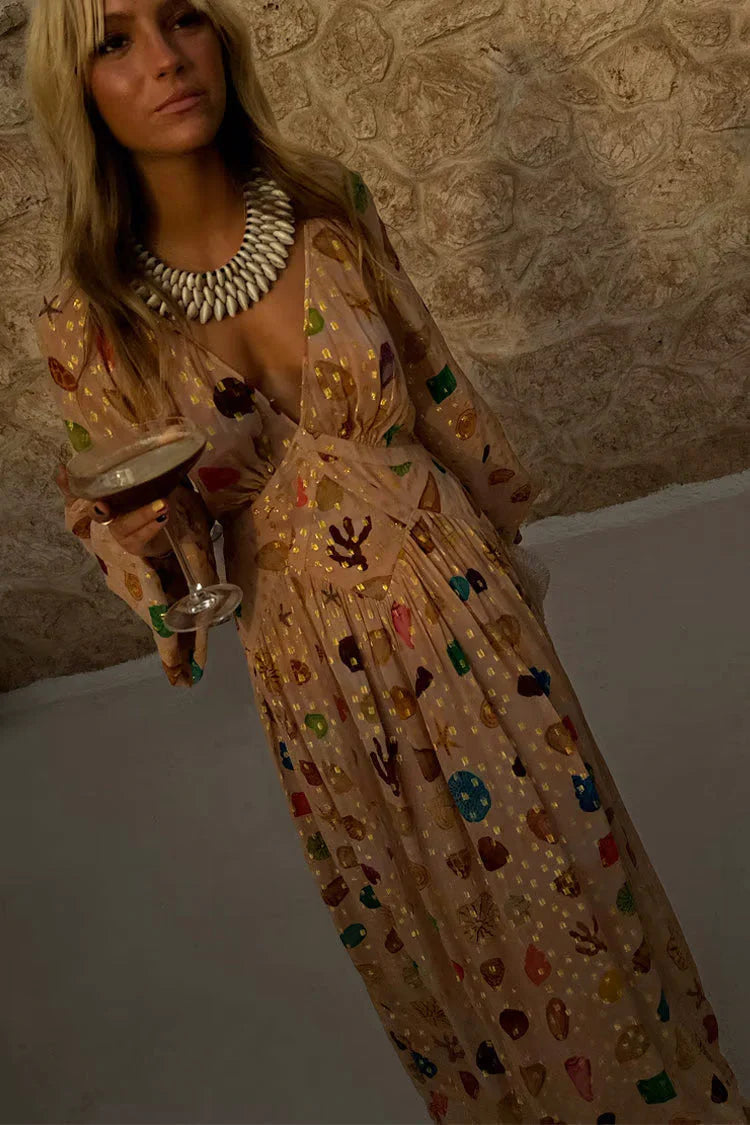 Alessandra - Vestito con stampa marina e dettagli dorati