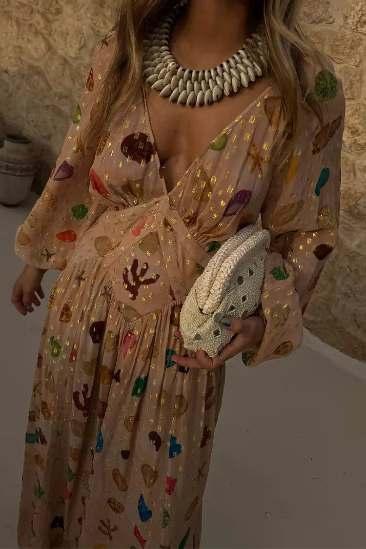 Alessandra - Vestito con stampa marina e dettagli dorati