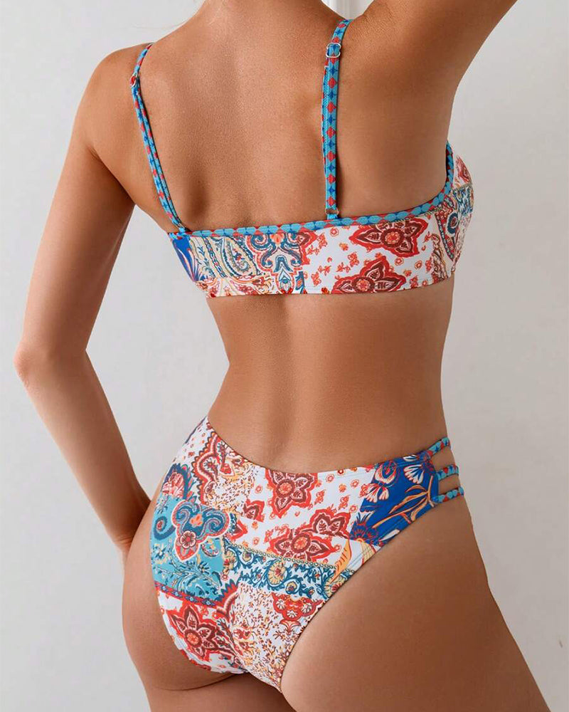 Bikini Mönstrad Snörning Sexy Triangle