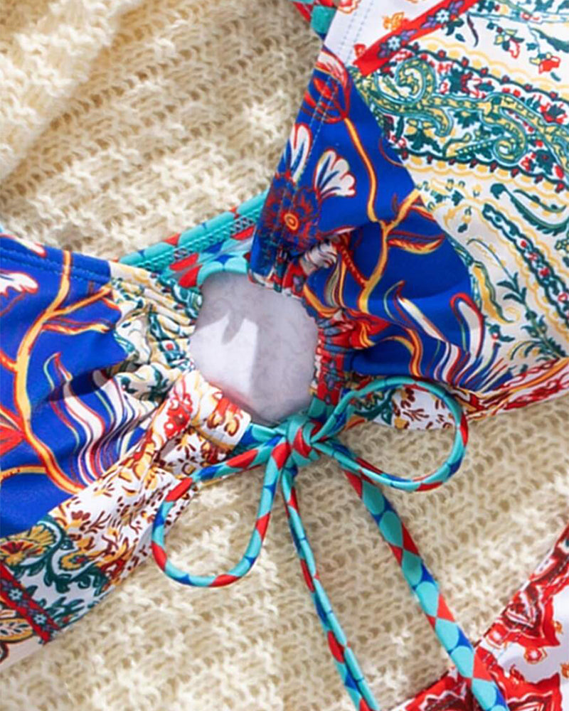 Bikini Mönstrad Snörning Sexy Triangle
