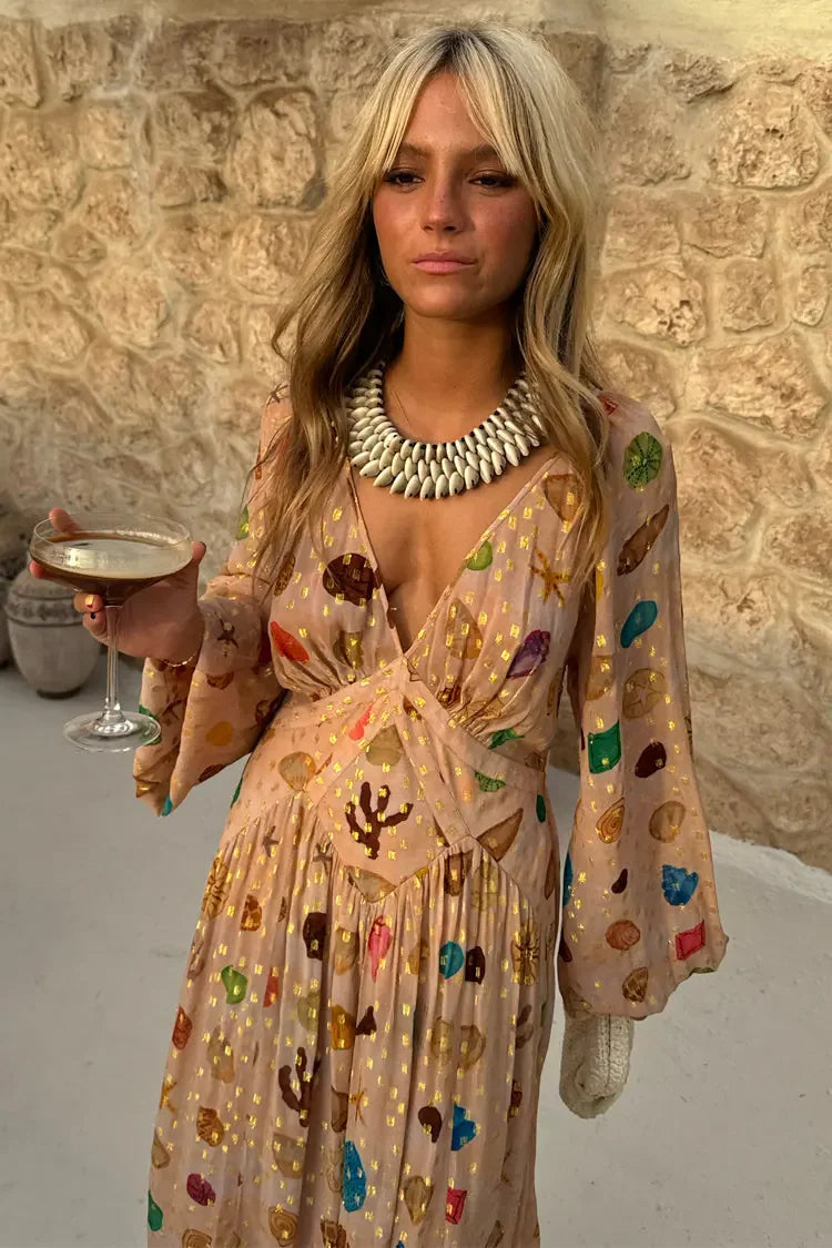 Alessandra - Vestito con stampa marina e dettagli dorati